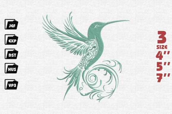 Elegant Teal Filigree Hummingbird Embroidery Design