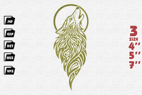Tribal Howling Wolf and Full Moon Embroidery Design in Olive Green