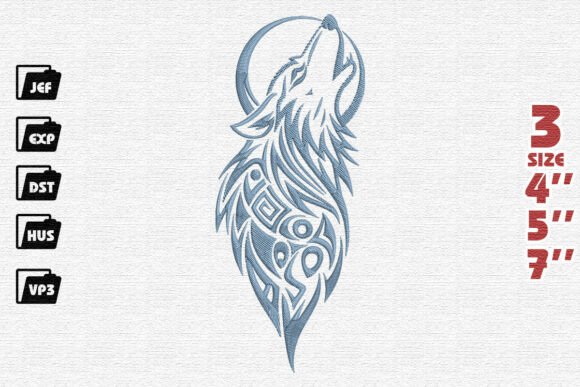 Tribal Howling Wolf and Moon Embroidery Design in Dusty Blue